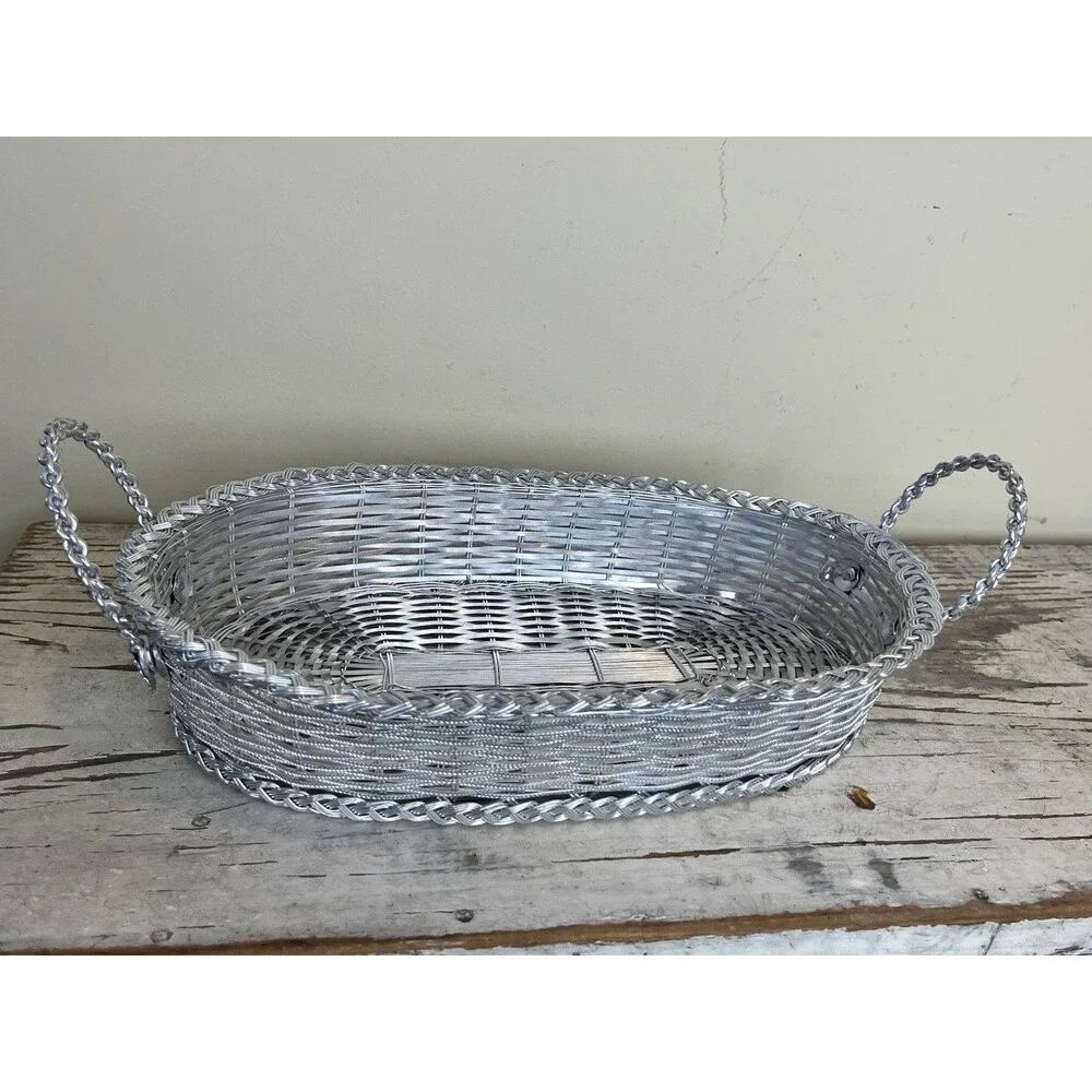 Vintage French Oval Metal Edge Woven Wire Bread Basket 14”x 8” Flower Details